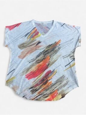 Jess & Jane Brushed Abstract Print Knit Lightweight White Top Short Sleeve Sz M